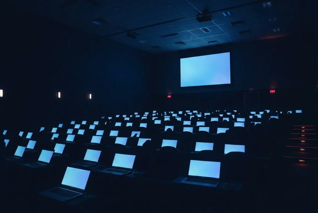 Modern lecture hall with rows of glowing laptops