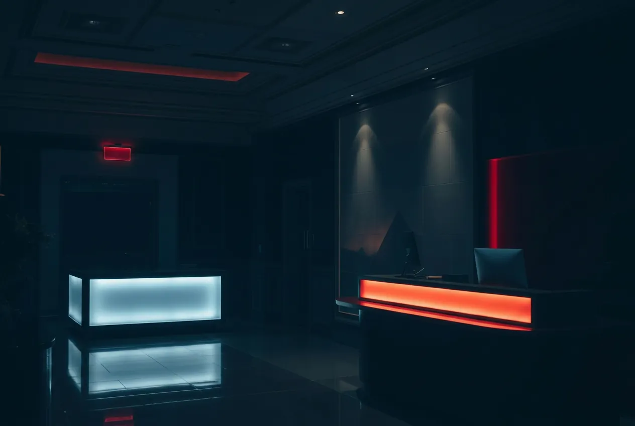 Elegant hotel reception lobby at night with backlit check-in desk