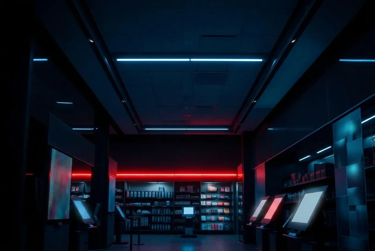 Modern retail store interior at night with digital point-of-sale screens